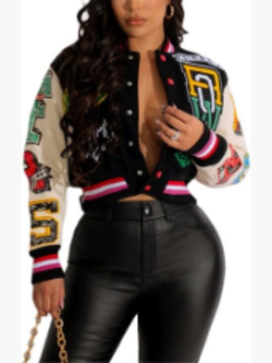 Jackets & Blazers - Polyester Cotton Ribbed Long Sleeve Graffiti Print Button Casual Baseball Jacket
